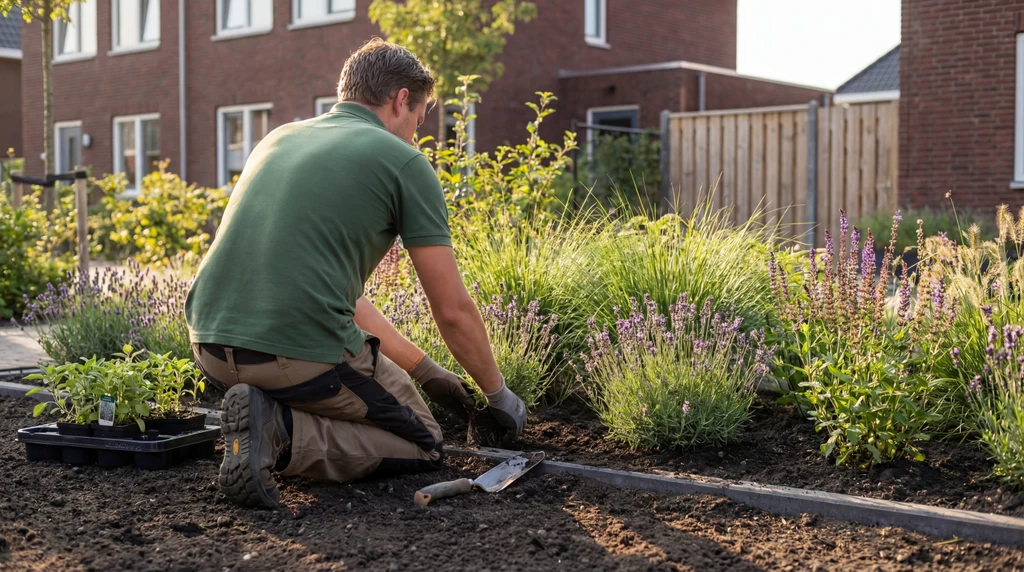 Tuinier plant bloemen in een particuliere tuin bij een woonhuis.