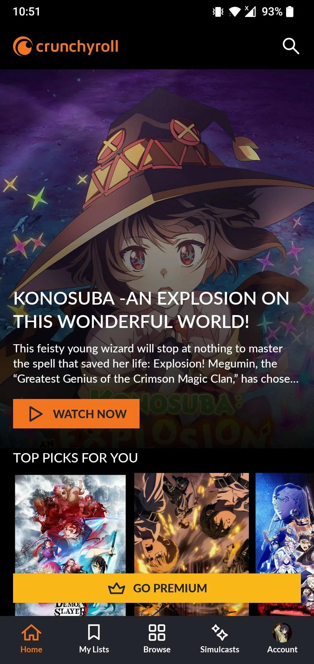 Design actuel de l'application Crunchyroll Animes