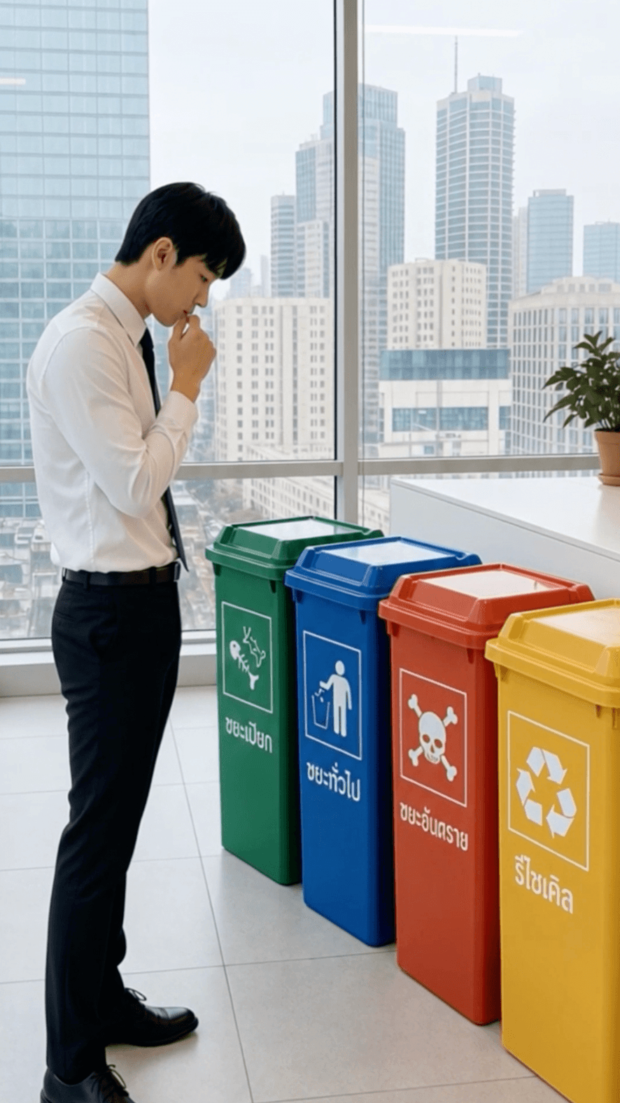 SCGC presenter standing in an office with city buildings behind him