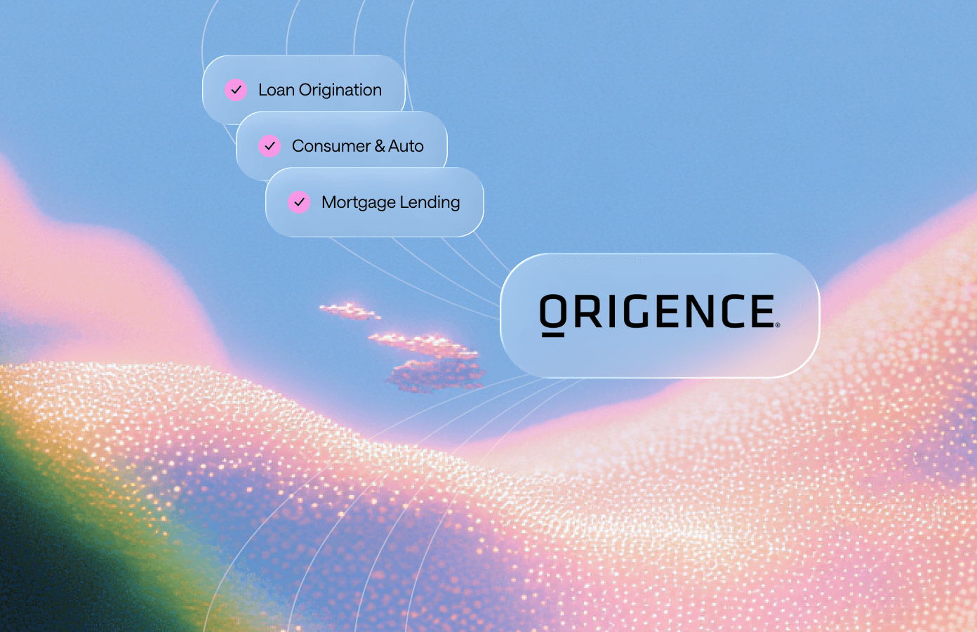 Abstract hero image showing a dynamic wave of orange and blue particles on a gradient background.