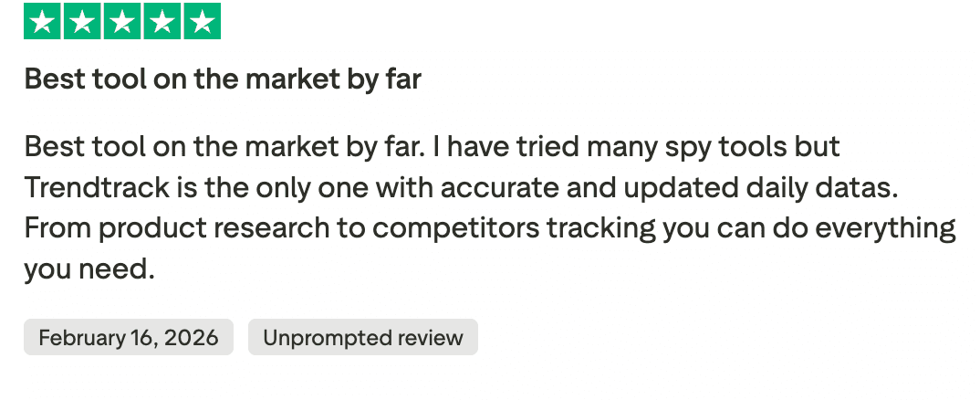 Five-star review highlighting Trendtrack’s accurate data and all-in-one workflow