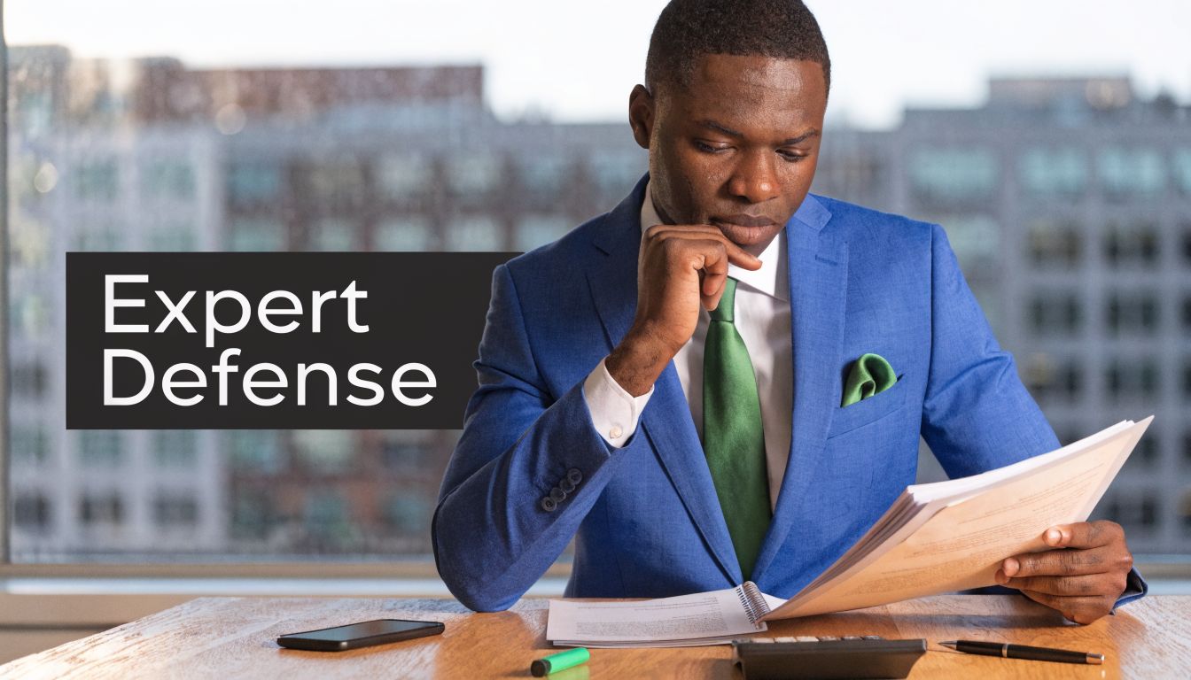 A professional man in a blue suit reading legal documents with the text Expert Defense overlaid.