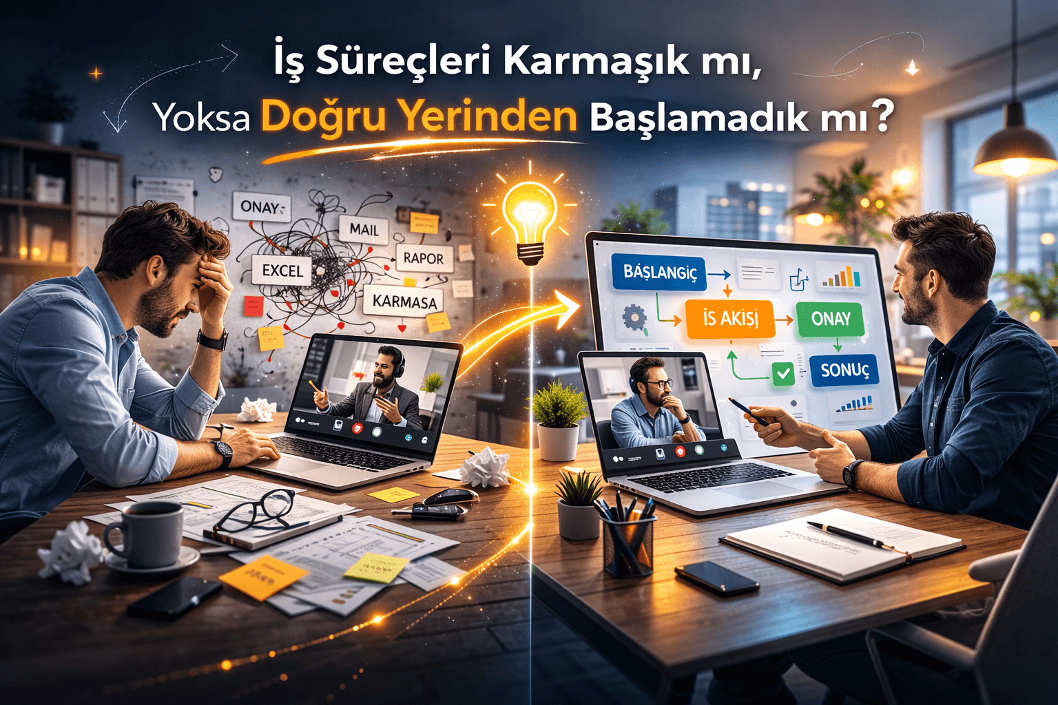 Split-screen business illustration showing a stressed professional managing chaotic manual workflows on one side and a structured digital process displayed on a computer screen during an online video meeting on the other, symbolizing the importance of starting software projects correctly.