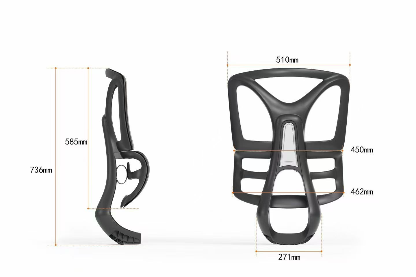 A technical specification drawing of a SingOFai Furniture ergonomic backrest component, shown in profile and front views with detailed measurements in millimeters. The side view displays a total height of **736mm** and a backrest height of **585mm**, emphasizing the ergonomic S-curve. The front view highlights several width dimensions: **510mm** at the top, **450mm** at the center, **462mm** at the lower lumbar section, and **271mm** at the base. The matte black frame features a Y-shaped central spine and a specialized lower lumbar support structure.