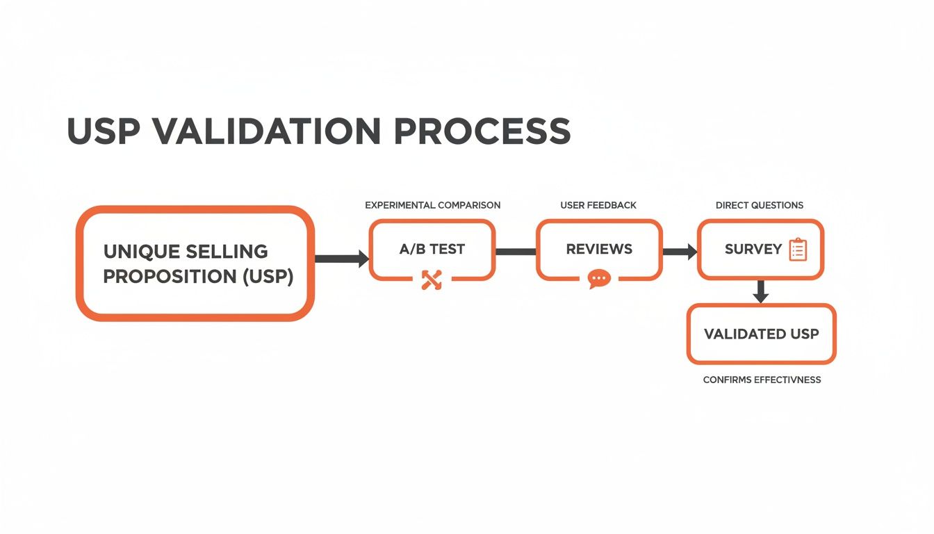 A flowchart illustrating the USP validation process with steps: USP, A/B Test, Reviews, Survey, and Validated USP.
