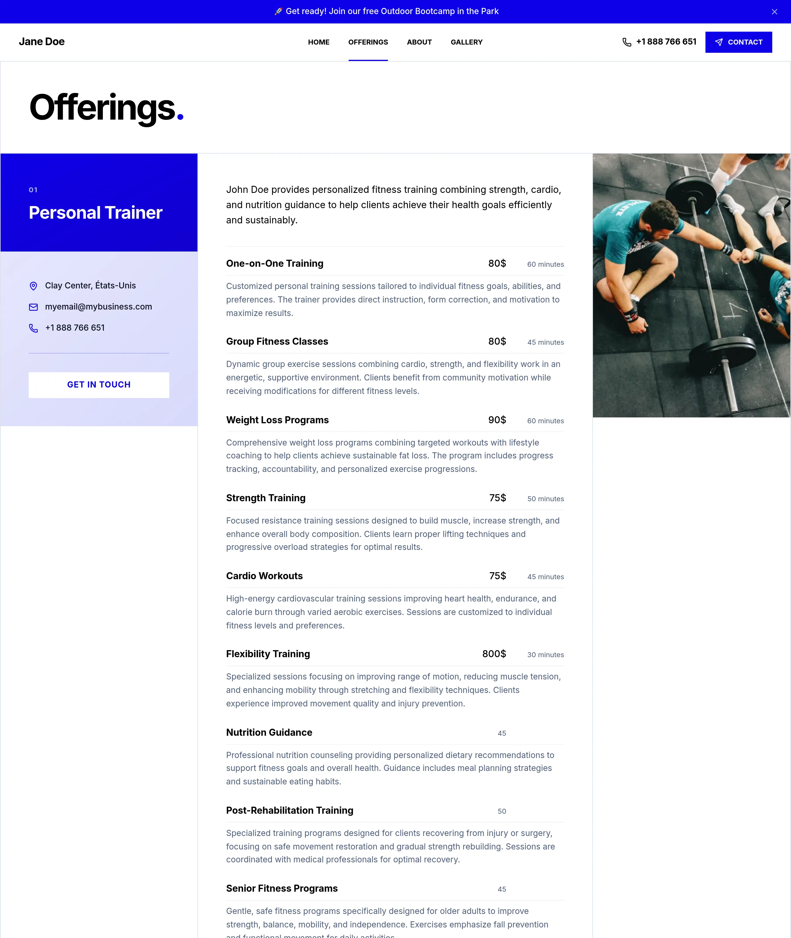 Screenshot of Services & Offerings page of a website created with Webfolio