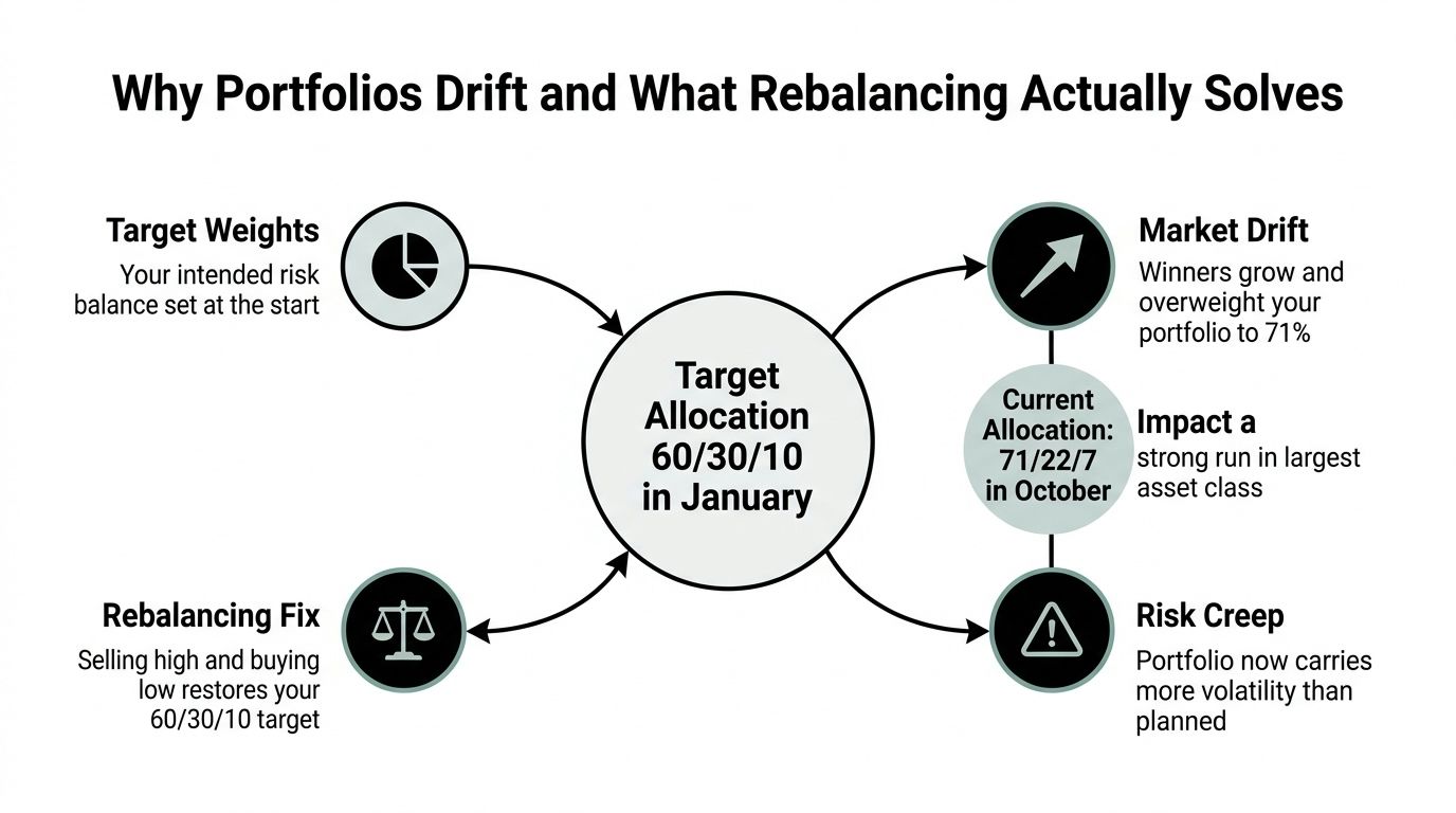 A diagram illustrating how market drift affects portfolio allocation and how rebalancing restores the original investment target.