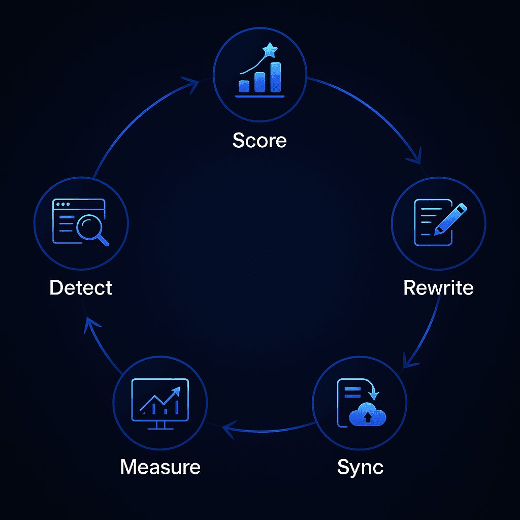 Circular diagram showing five connected steps of Relixir’s content refresh cycle