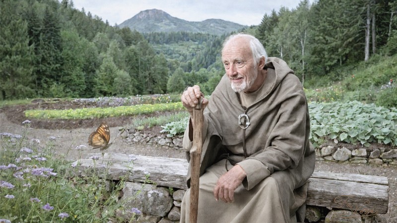 Sacred artwork by Faith and Verse. © Faith and Verse, 2026. All rights reserved. Saint Deicolus of Lure in his monastery garden at age 95, Vosges, 625 AD.