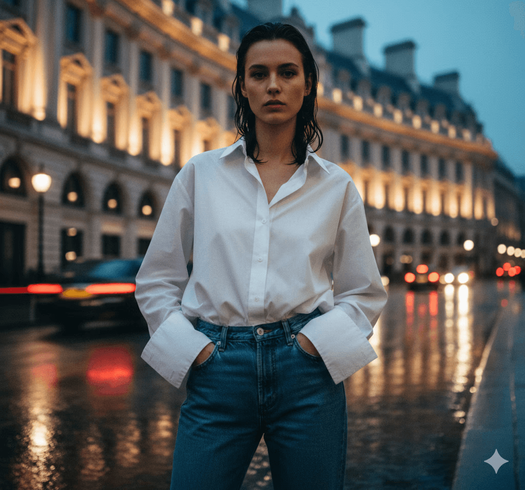 Woman in white shirt and jeans on rainy city street.