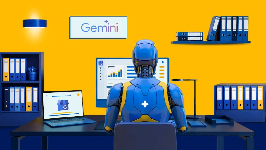Blue and yellow robot at a desk with Gemini logo and Google Business Profile analytics.