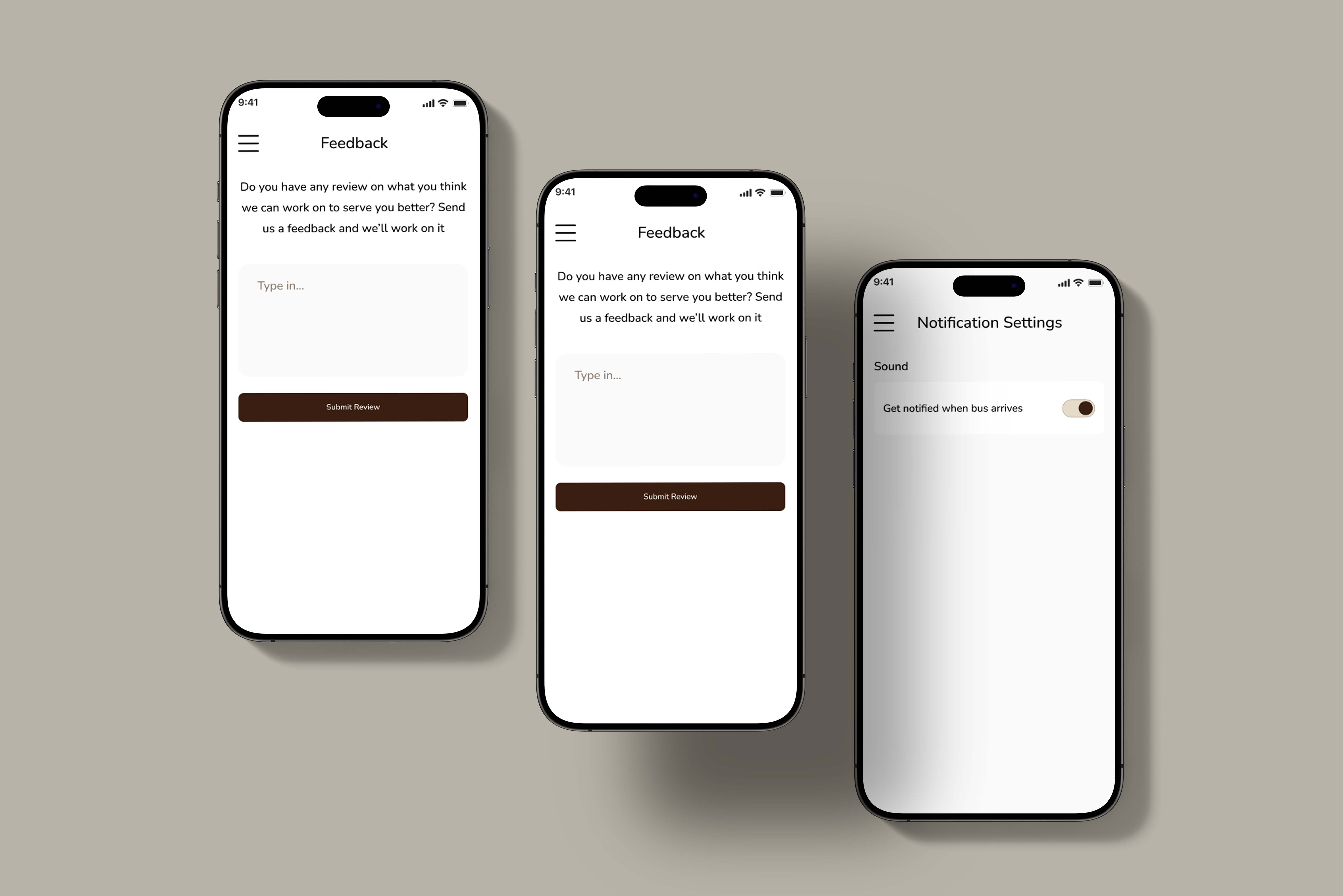 Three mobile screens display a UI design mockup featuring a user feedback form and notification settings, highlighting modern UI/UX design elements for a seamless experience.