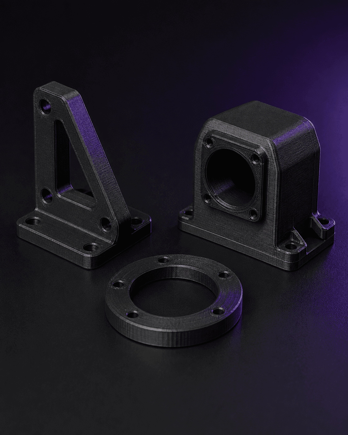 Technische 3D-gedruckte Funktionsbauteile aus schwarzem Kunststoff