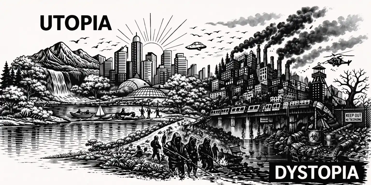 Black and white line drawing, Utopia text on top left with mountainscape and idyllic looking city; Dystopia text on bottom right with huddled masses and bleching factory image