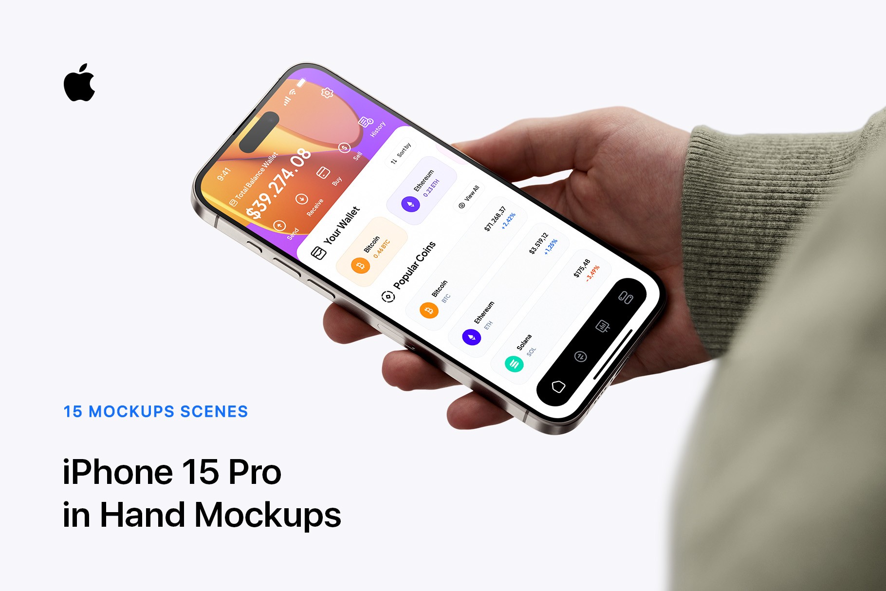 15 iPhone 15 Pro in Hand Mockups, featuring a person holding an iPhone 15 Pro with a modern UI design.