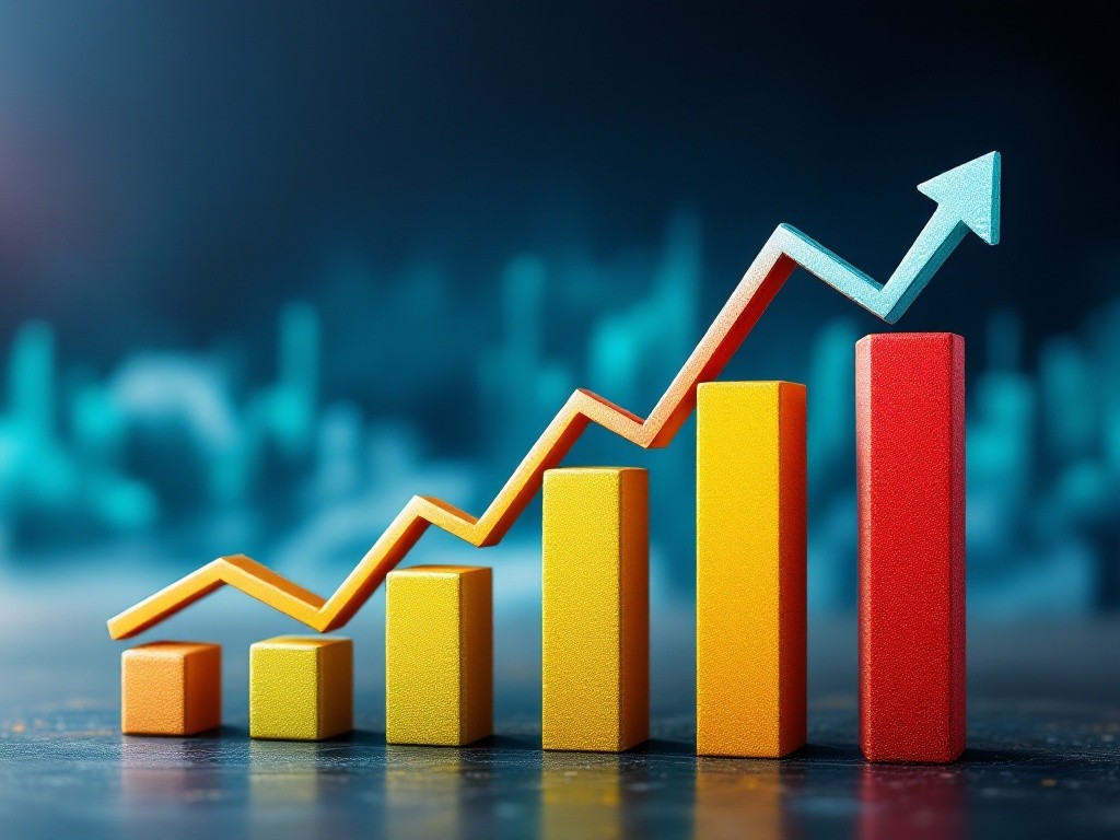 A 3D rendering of a bar graph with an arrow pointing upwards, symbolizing growth and success.