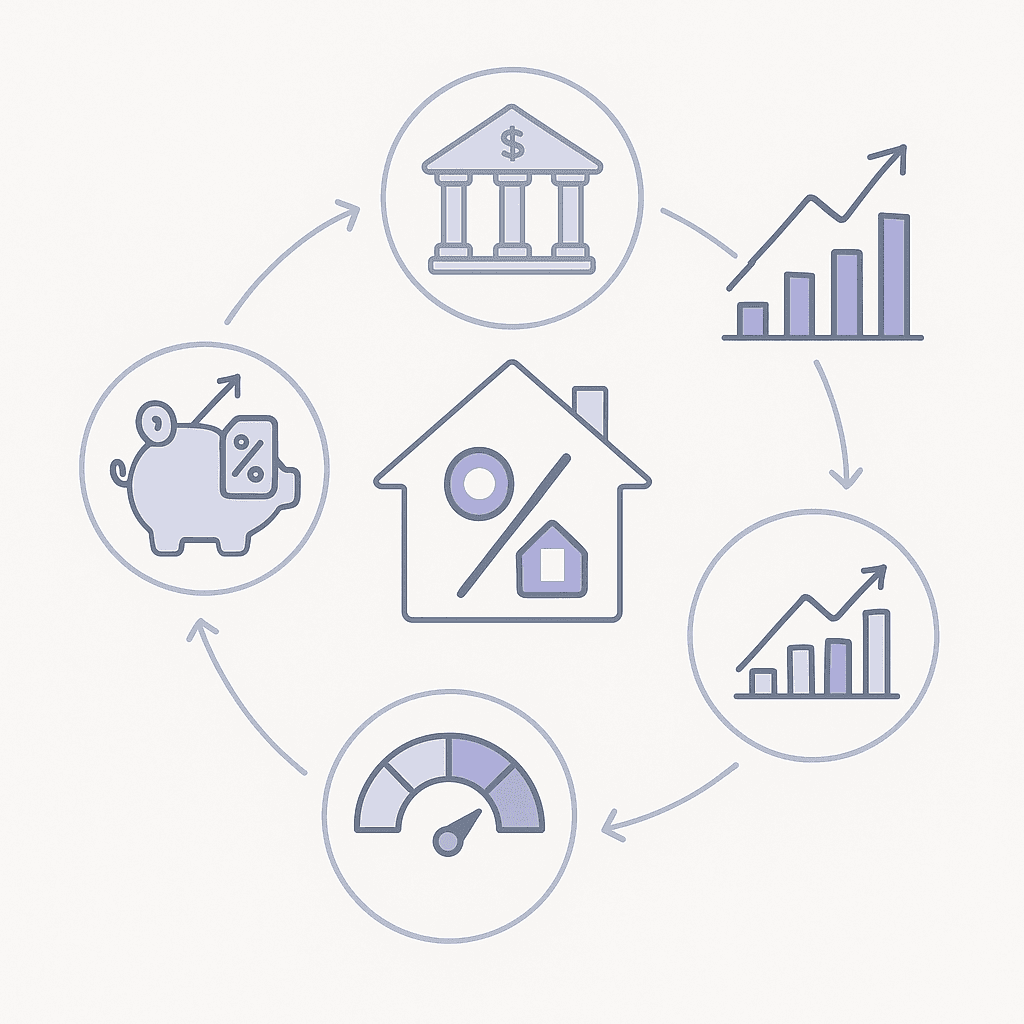 Radial diagram of Federal policy, Treasury yields, credit profile, and economic factors converging on mortgage rates