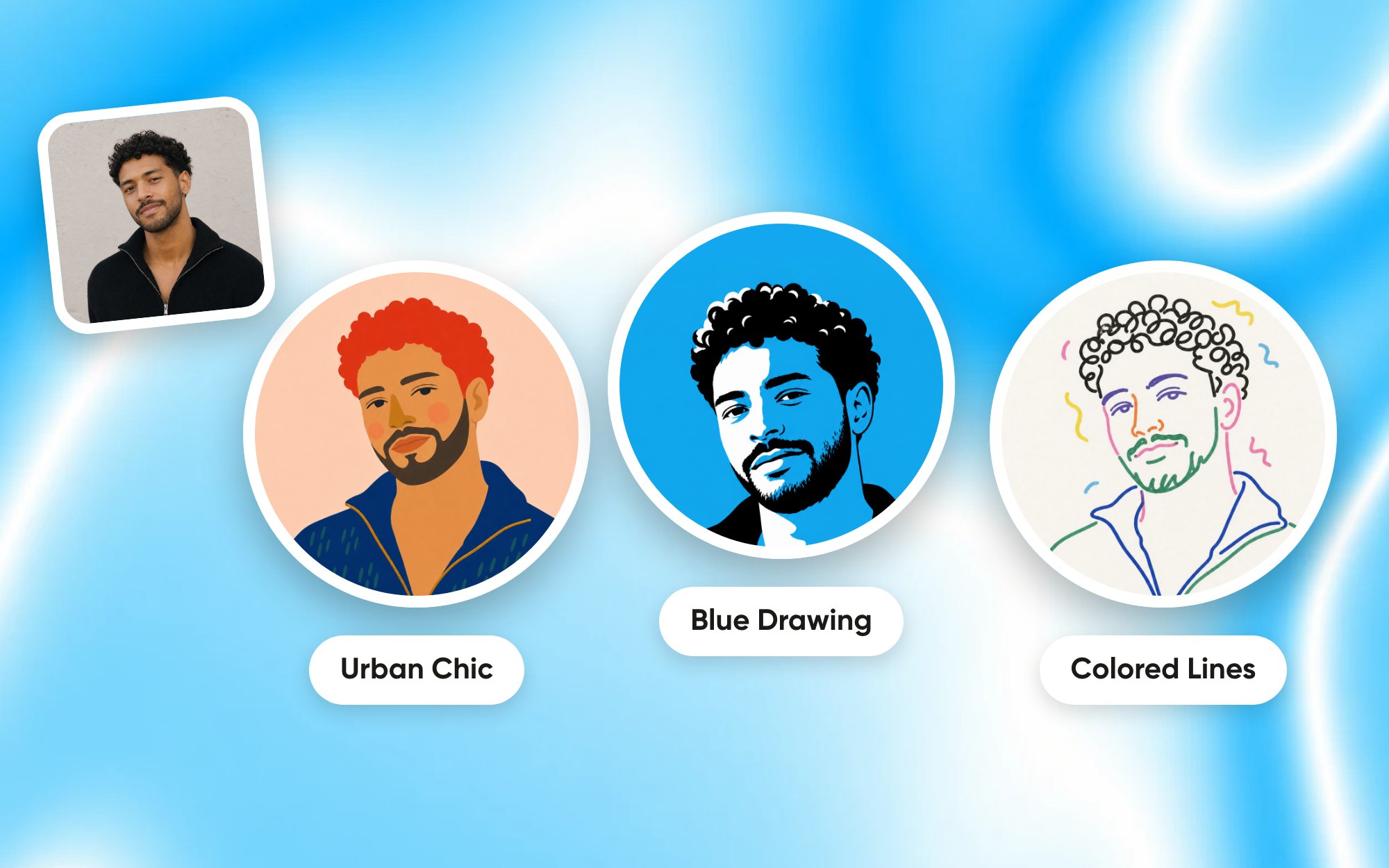 The same man three times as a round profile photo: in Urban Chic, Blue Drawing and Colored Lines