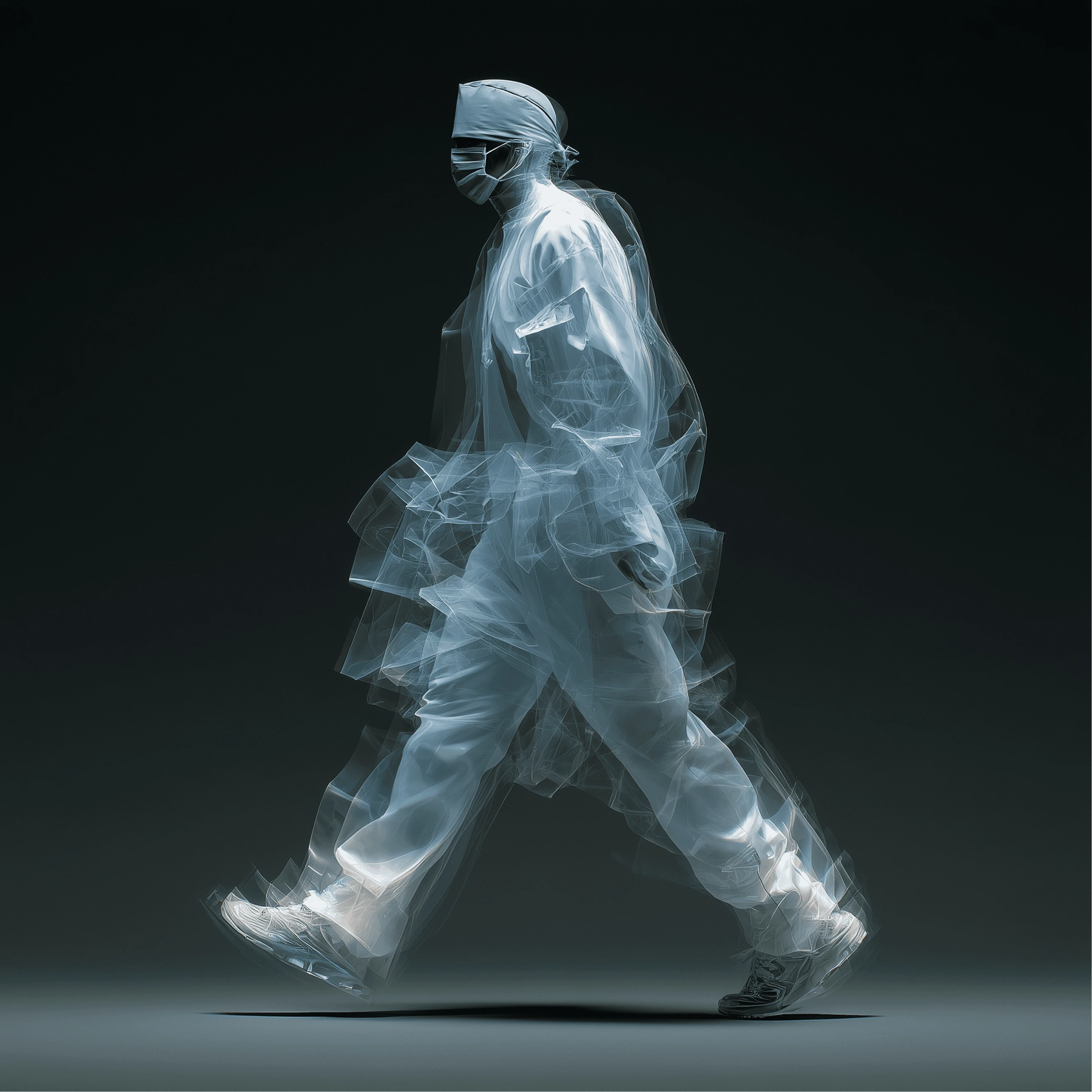 Stylized full-body figure in translucent white layered clothing and face covering, captured mid-stride with motion blur against a dark minimalist background.