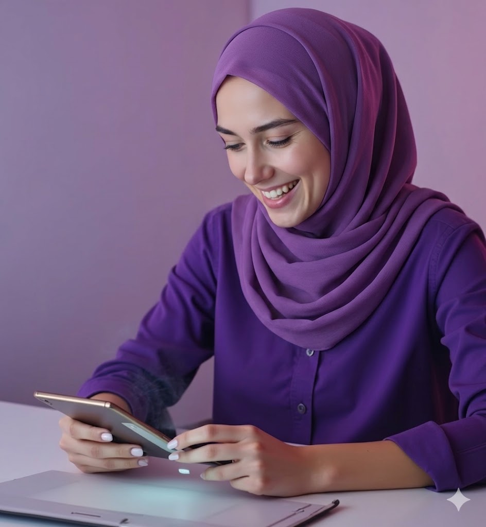 woman sitting around table holding tablet