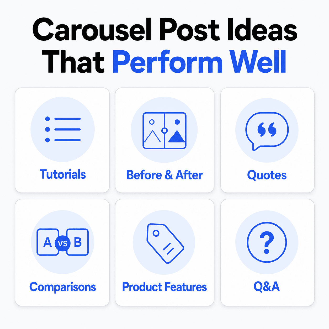 Grid of six Instagram carousel content idea categories that tend to perform well.