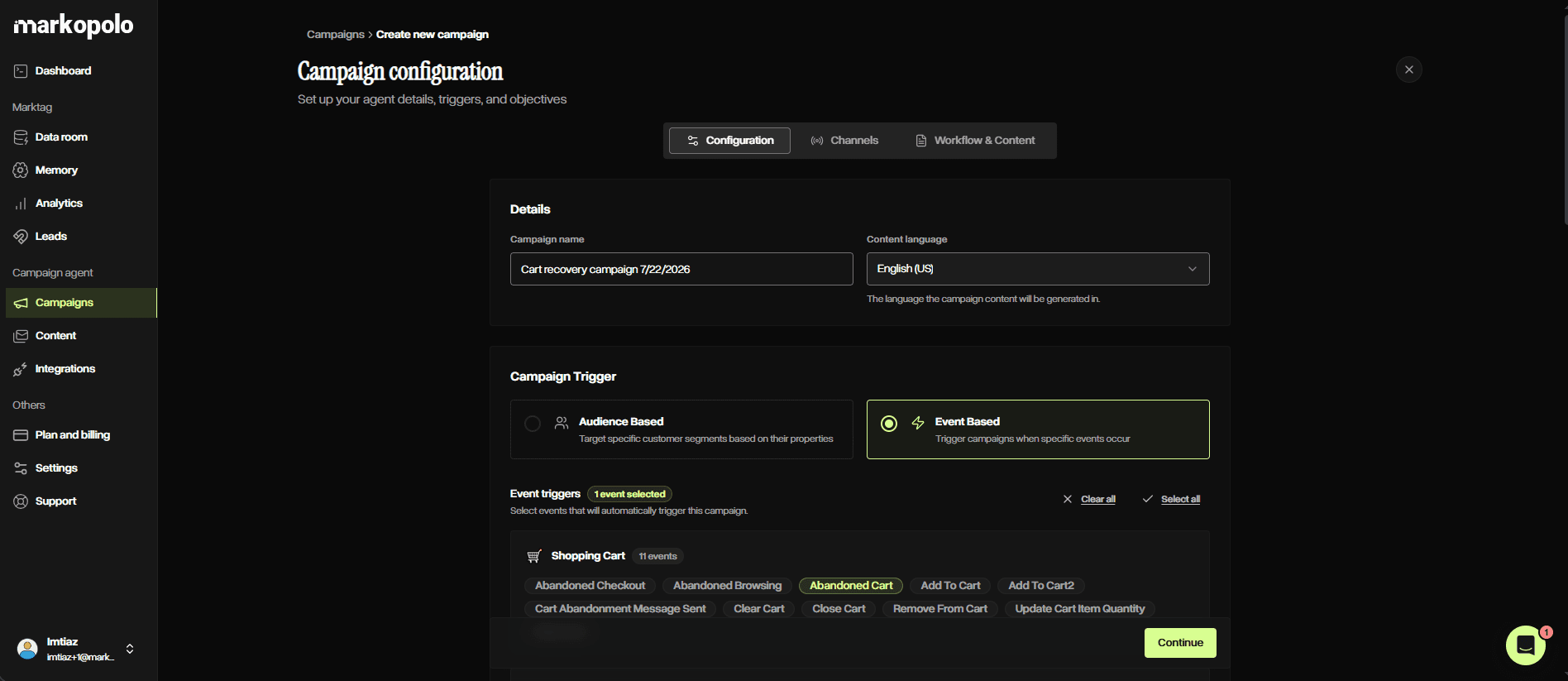 Defining triggers and events before generating email autoamtion flow