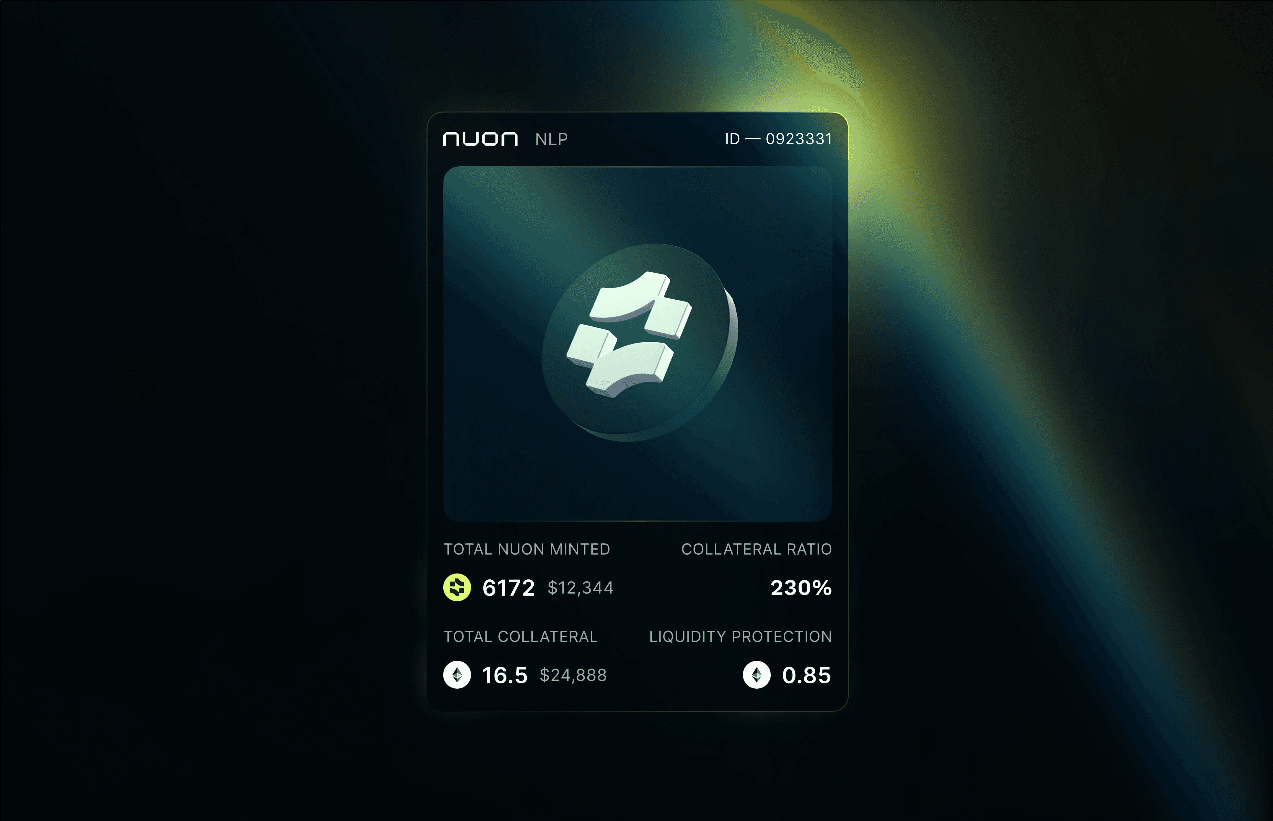 Digital card showing individual NUON mint position as NFT with collateral ratio, total value, and protocol protection indicator on a dark gradient background.