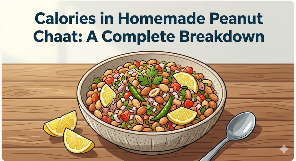 A professional illustration of a bowl of homemade peanut chaat on a rustic wooden table with lemon wedges, featuring the title 'Calories in Homemade Peanut Chaat: A Complete Breakdown'.