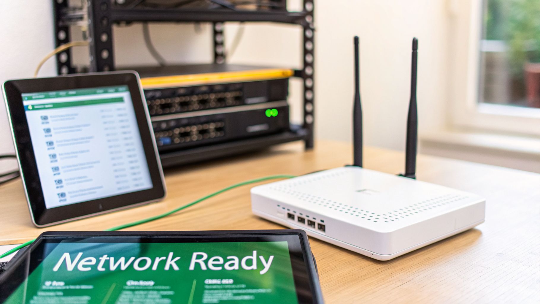 Modern networking equipment on a wooden desk, including a white router and tablets with network status.