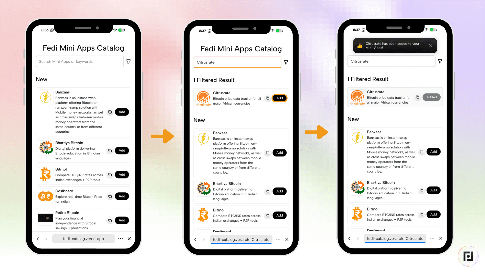 Three-panel screenshot showing the Fedi Mini Apps Catalog search for "CitrusRate," the filtered result displaying the CitrusRate app, and a confirmation banner indicating CitrusRate has been successfully added.