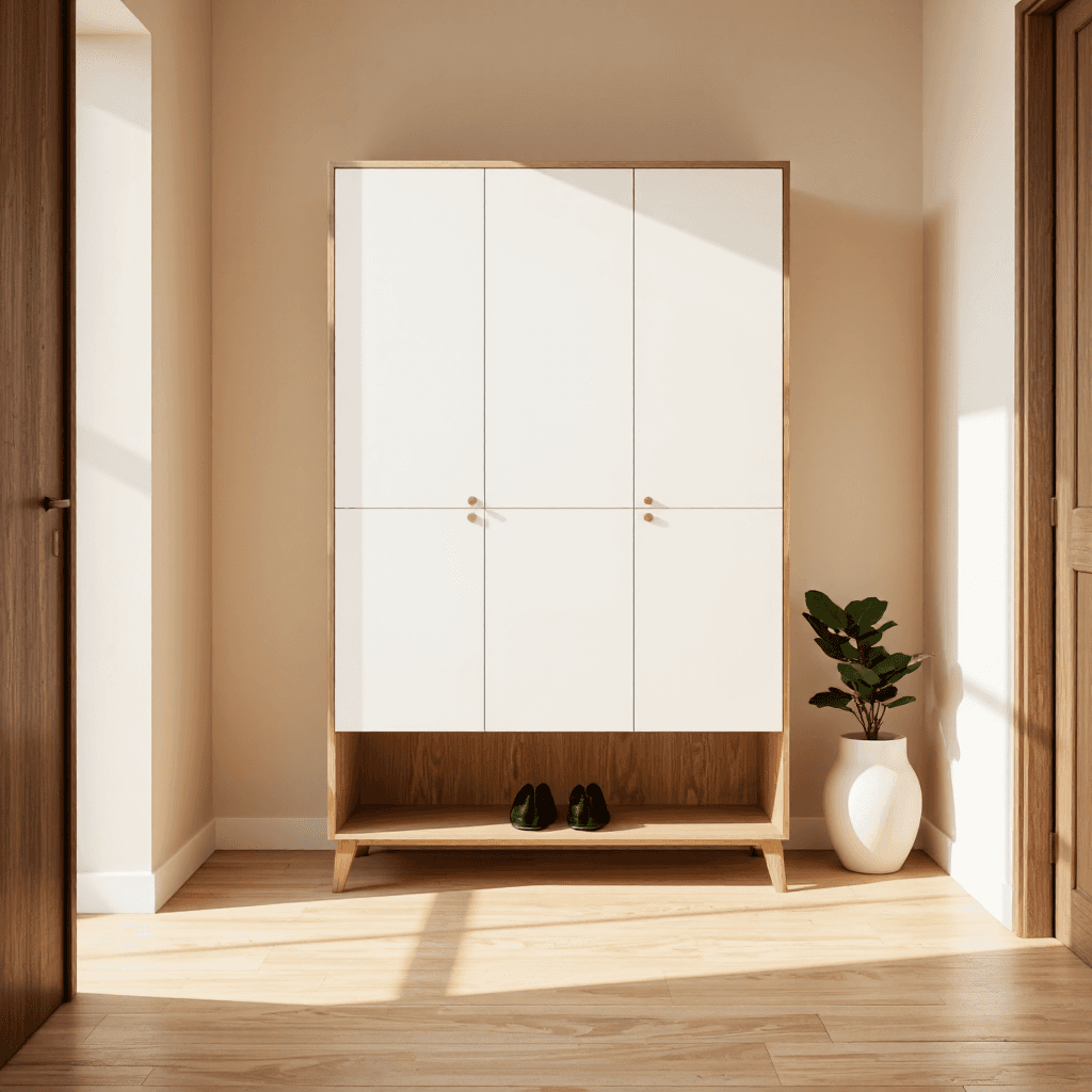 product photography of a shoe cabinet with a modern design, used for storing shoes