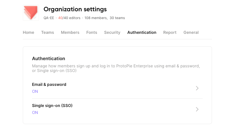 {'_type': 'localeString', 'en': 'Managing authentication settings in ProtoPie Enterprise'}