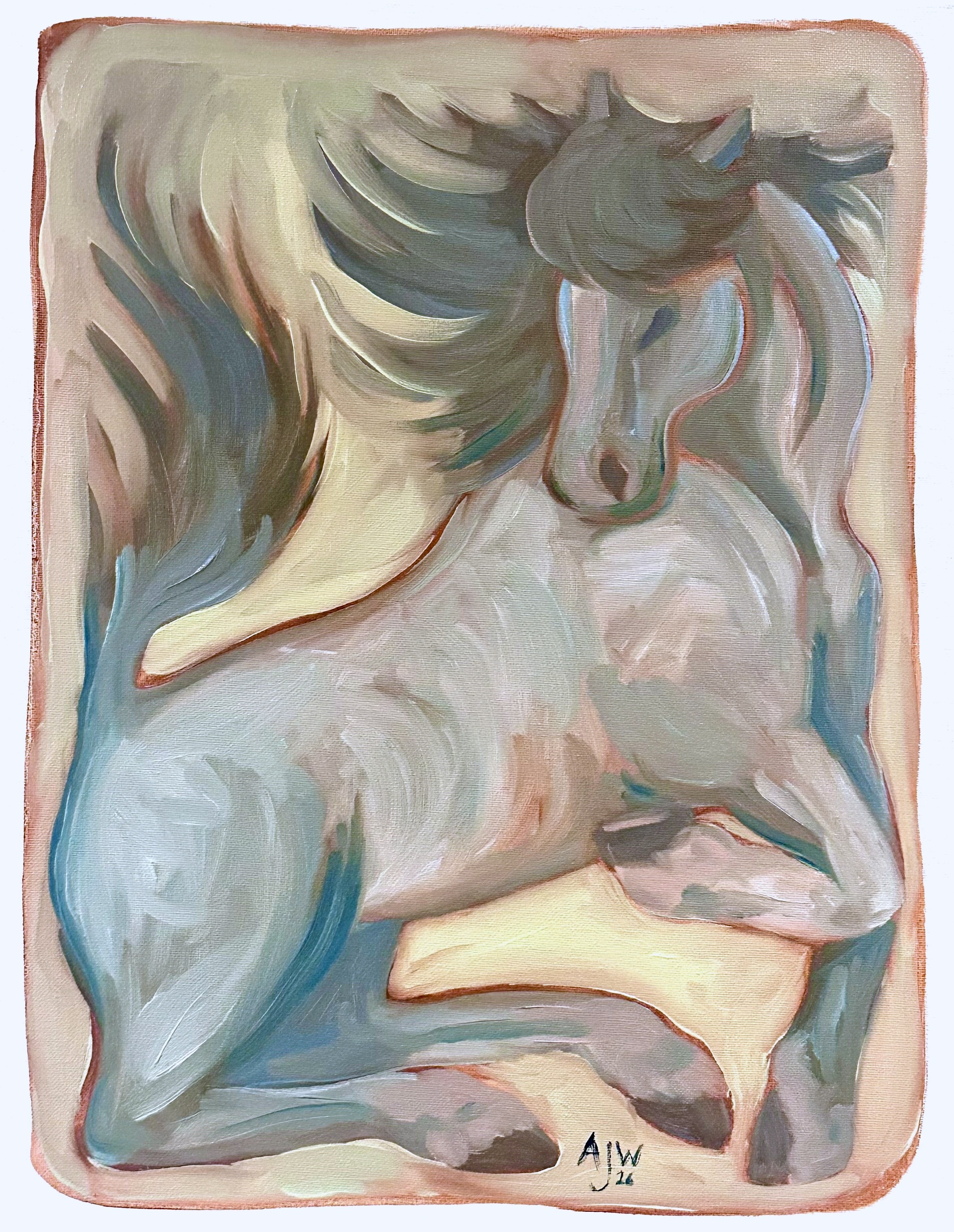 Two horses seen from the shoulders up, one blue and one brown, playfighting