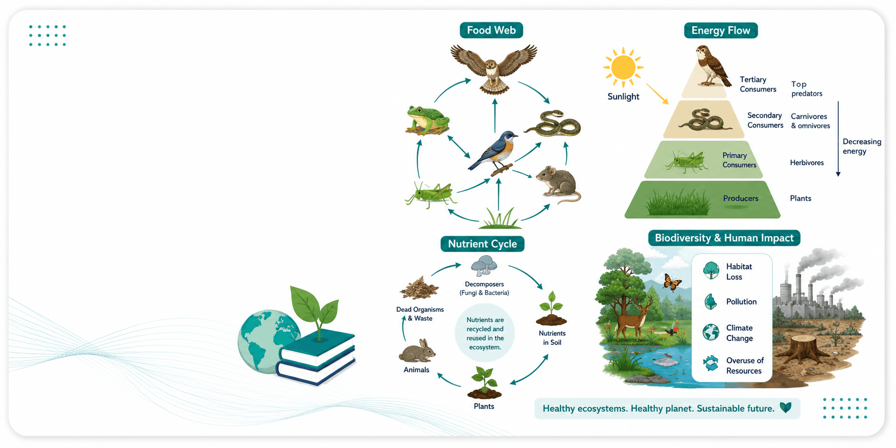 SNC1D biology infographic showing food webs, energy flow pyramid, nutrient cycles, and human impact on ecosystems - Grade 9 Science