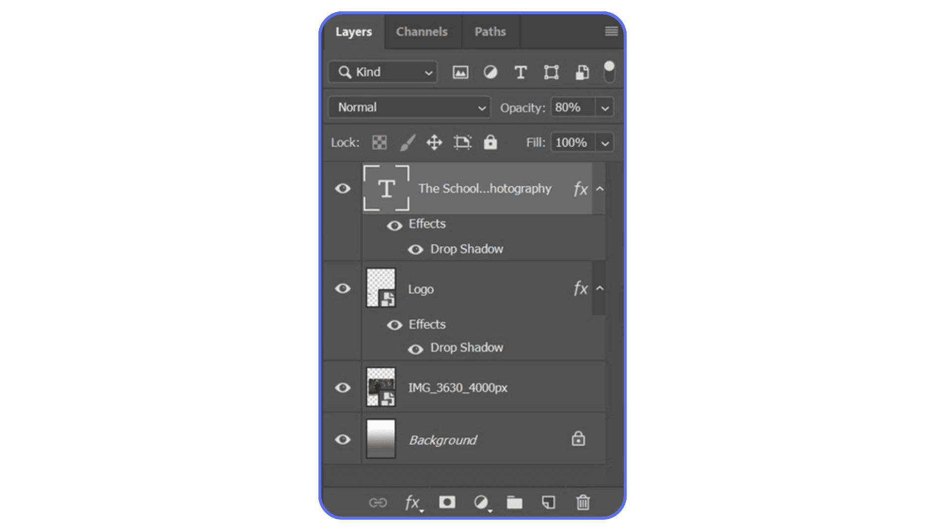 Photoshop Layers panel showing text, logo, and background layers with effects and drop shadow options applied.