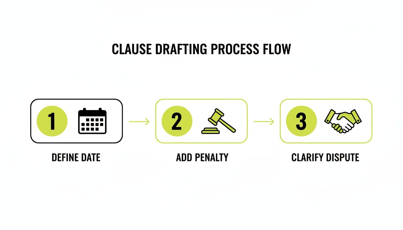 Flowchart illustrating a three-step clause drafting process: defining date, adding penalty, and clarifying dispute details.