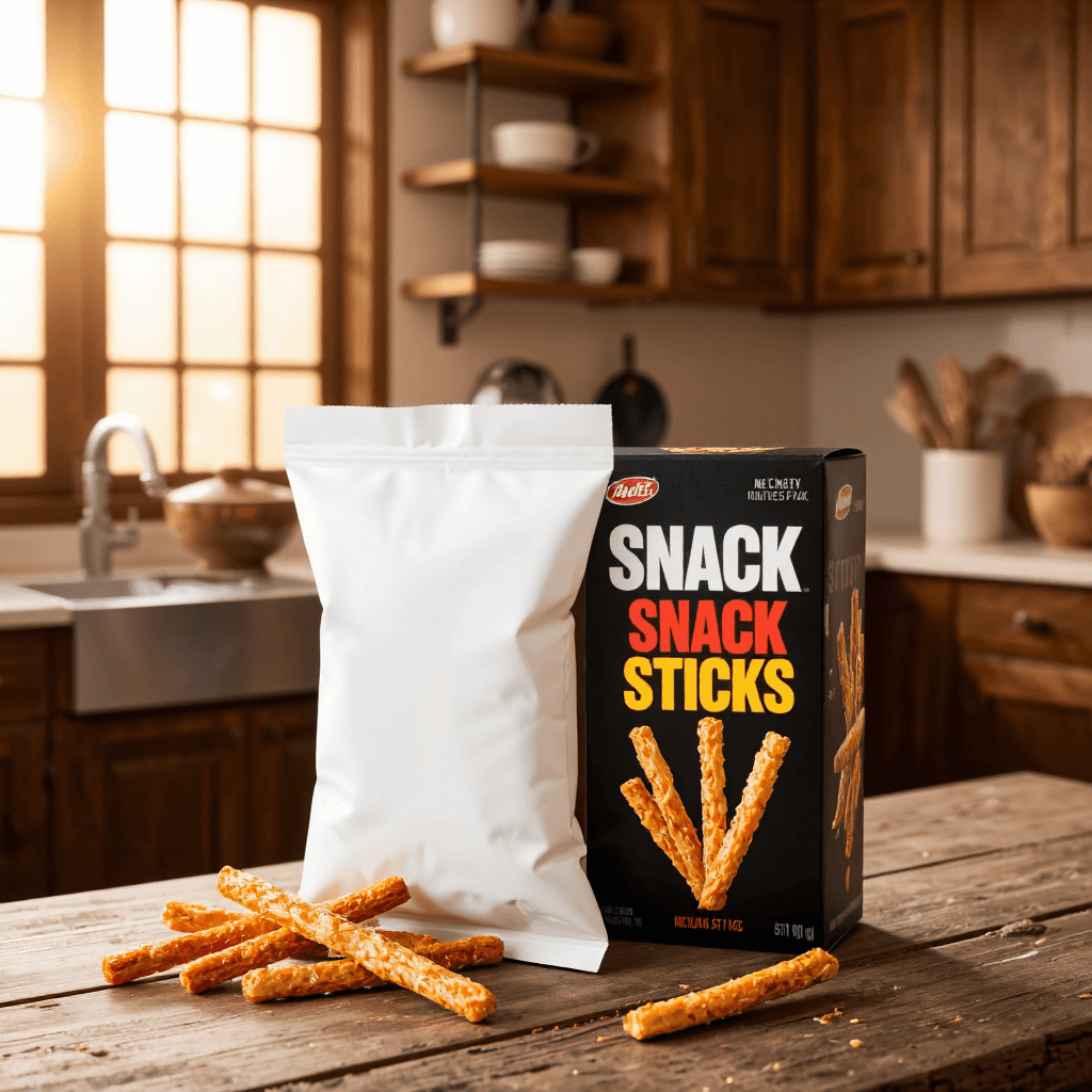 product photography of a package of snack sticks, typically made from legumes, intended for snacking
