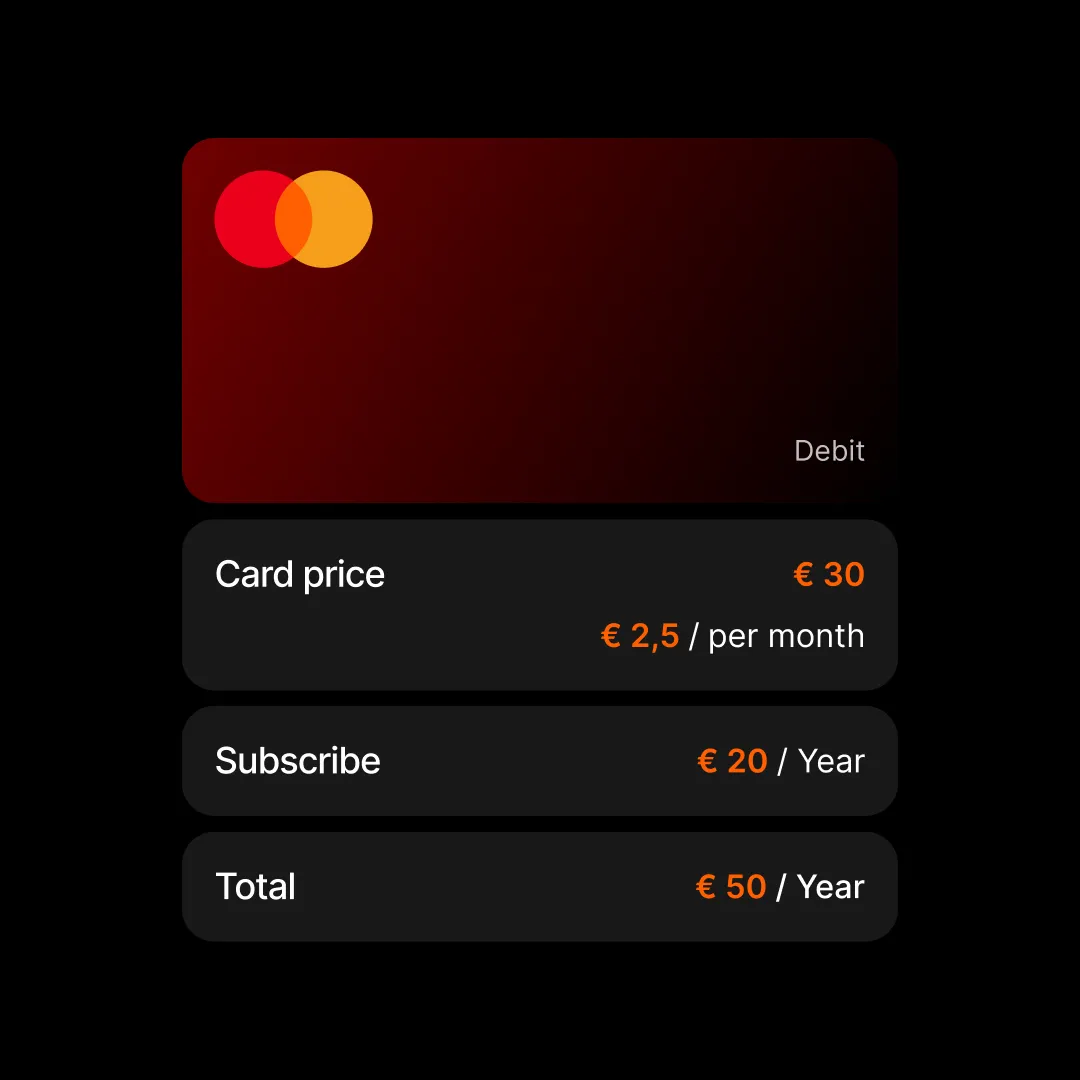 Banking app debit card interface with pricing details and subscription plan overview