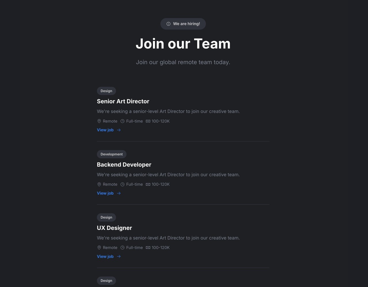 Framer Dark Career Jobs Section - Frameblox UI