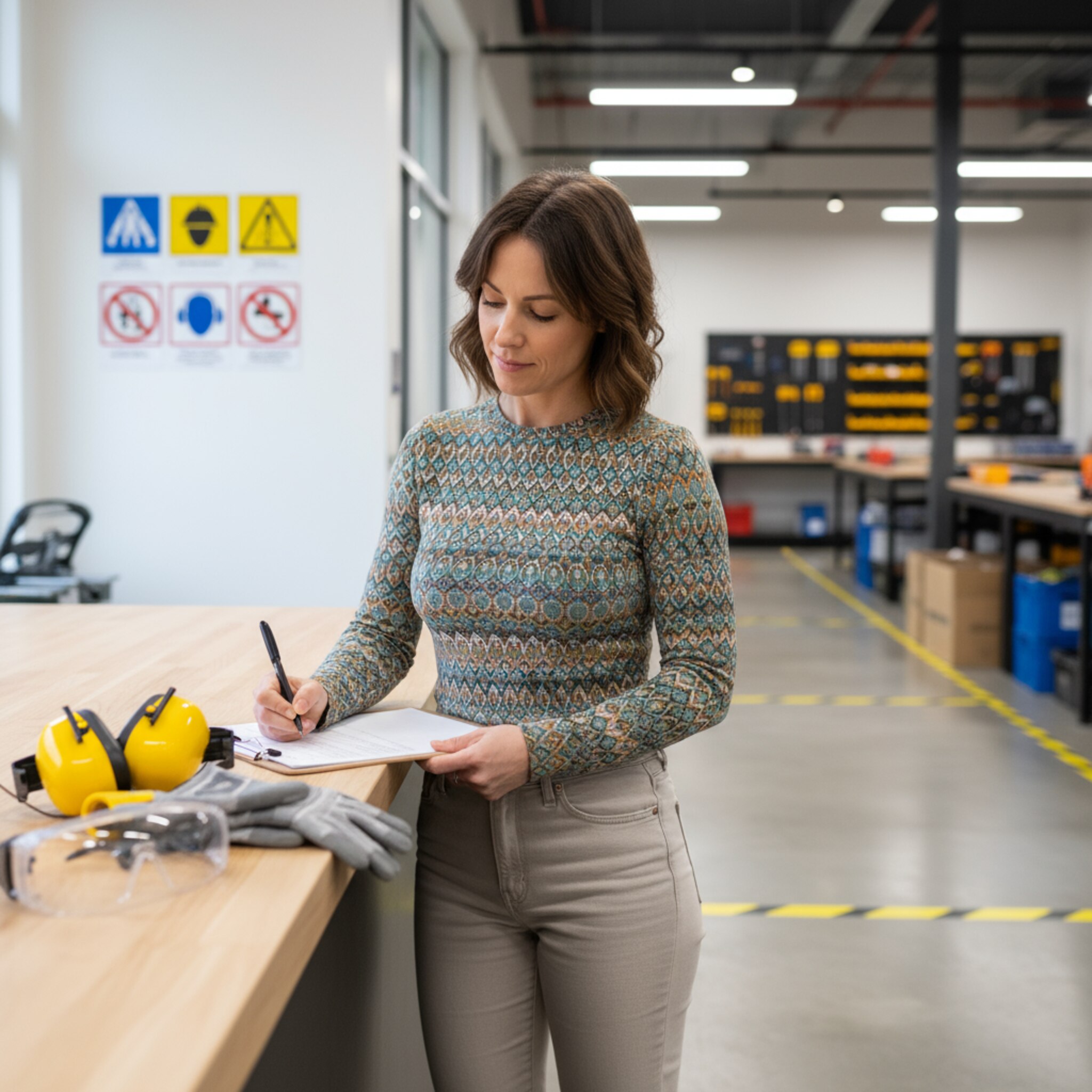 Eine Kundin unterschreibt sorgfältig einen Haftungsverzicht auf einem Klemmbrett, daneben liegen Schutzbrille, Gehörschutz und Handschuhe. An der Wand hängen Piktogramme zur Sicherheit, die Wege sind frei markiert. Helles Deckenlicht sorgt für klare Sicht. Der Moment strahlt Sorgfalt, Verantwortungsbewusstsein und Transparenz aus.