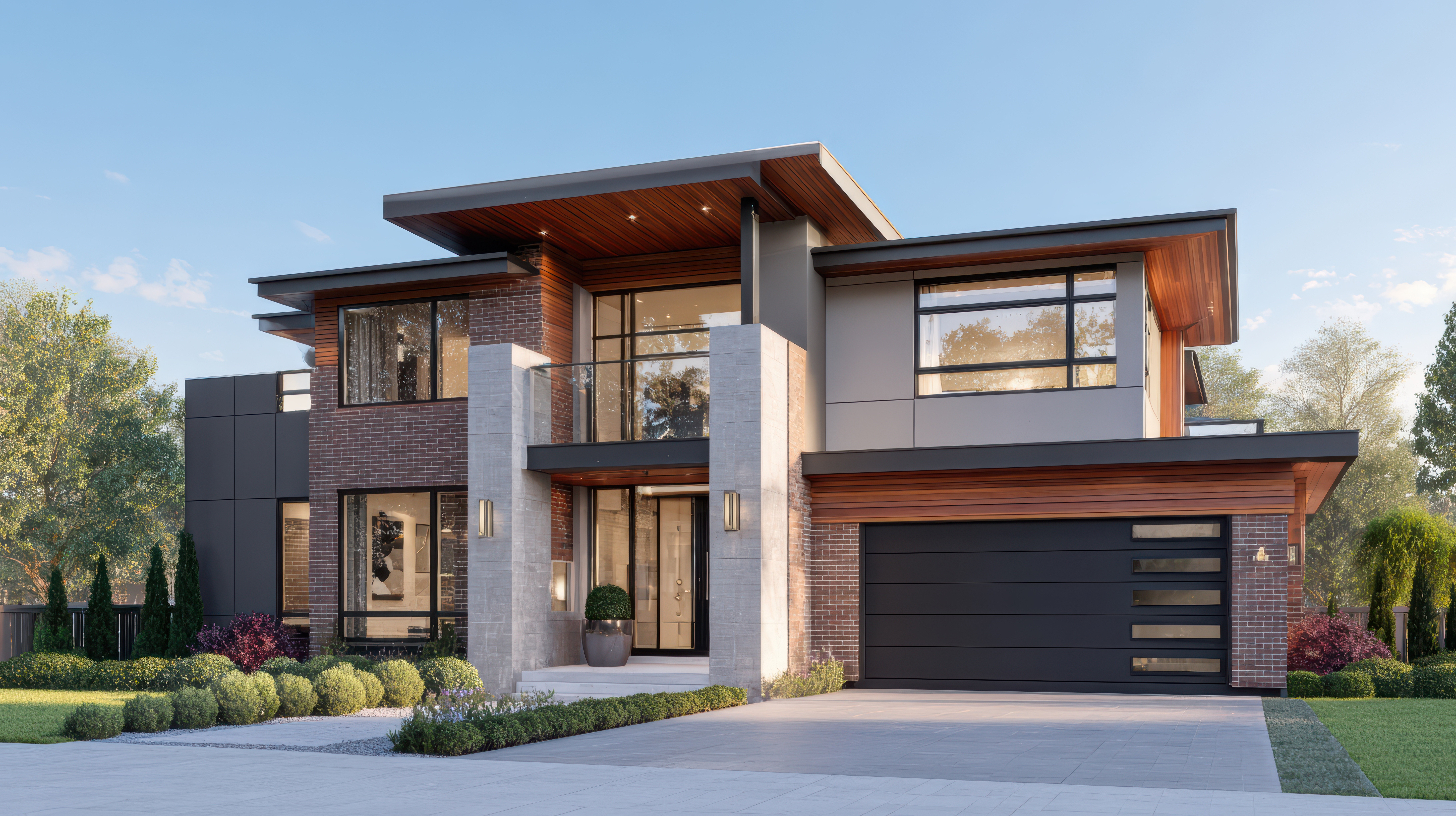 A contemporary two-story luxury home with a striking combination of stone, wood, and glass elements. The property features a spacious garage, landscaped front yard, and clean modern architecture.