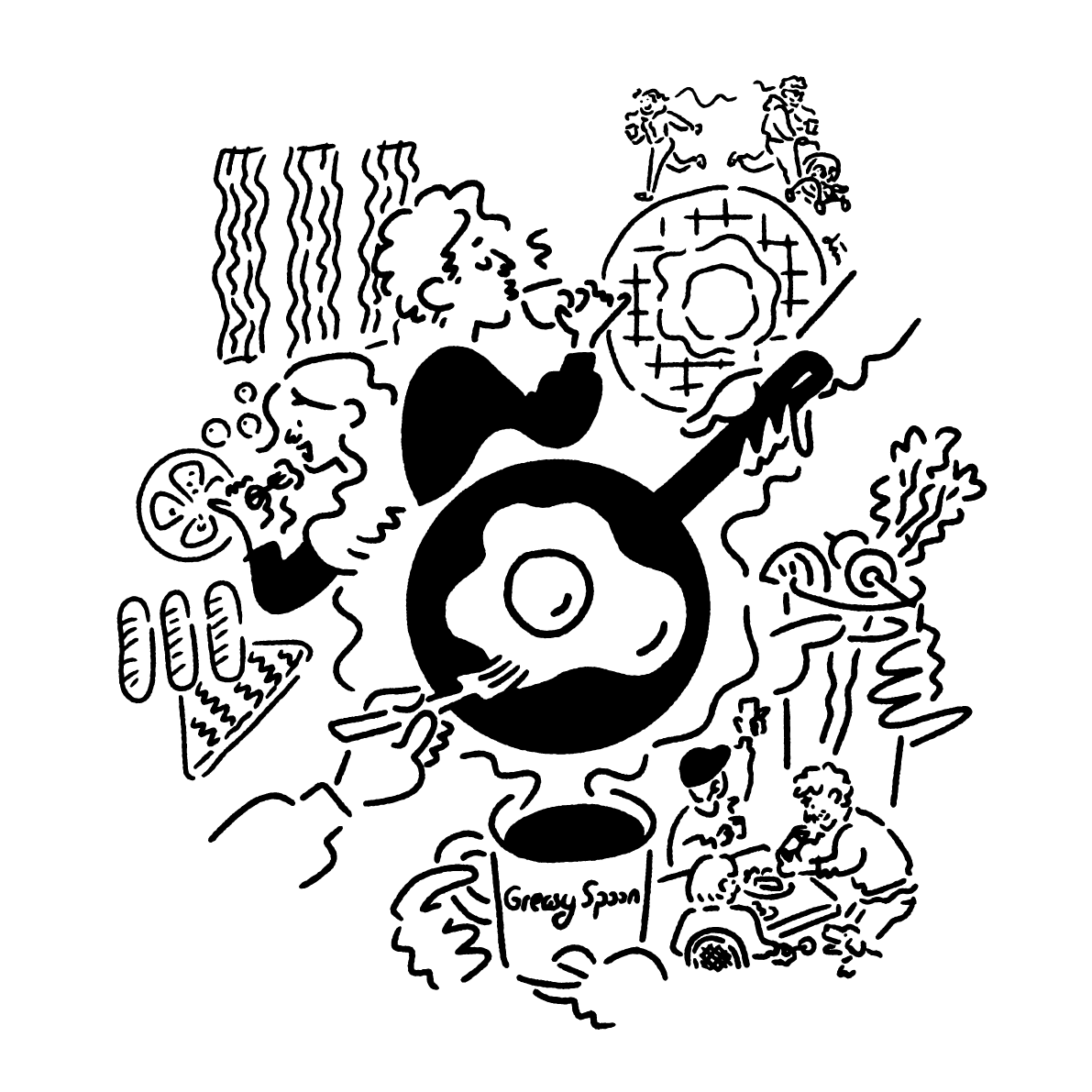 Illustration of people eating brunch foods