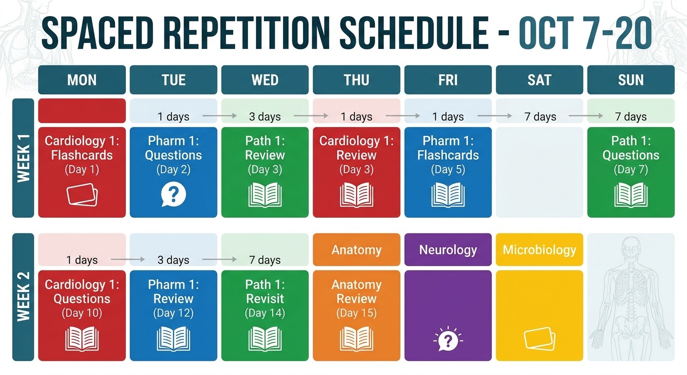 2-week spaced repetition schedule for medical exam preparation