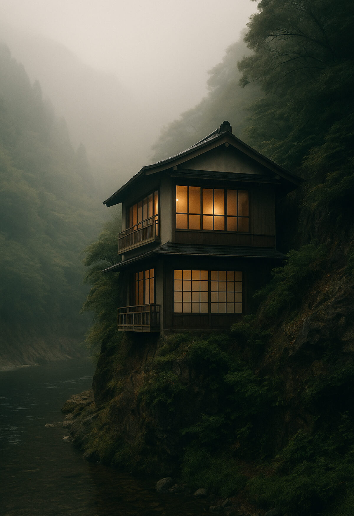 The image depicts a  Japanese-style house embedded into a misty mountainside above a flowing river, softly illuminated from within and harmoniously integrated with the surrounding forested landscape.