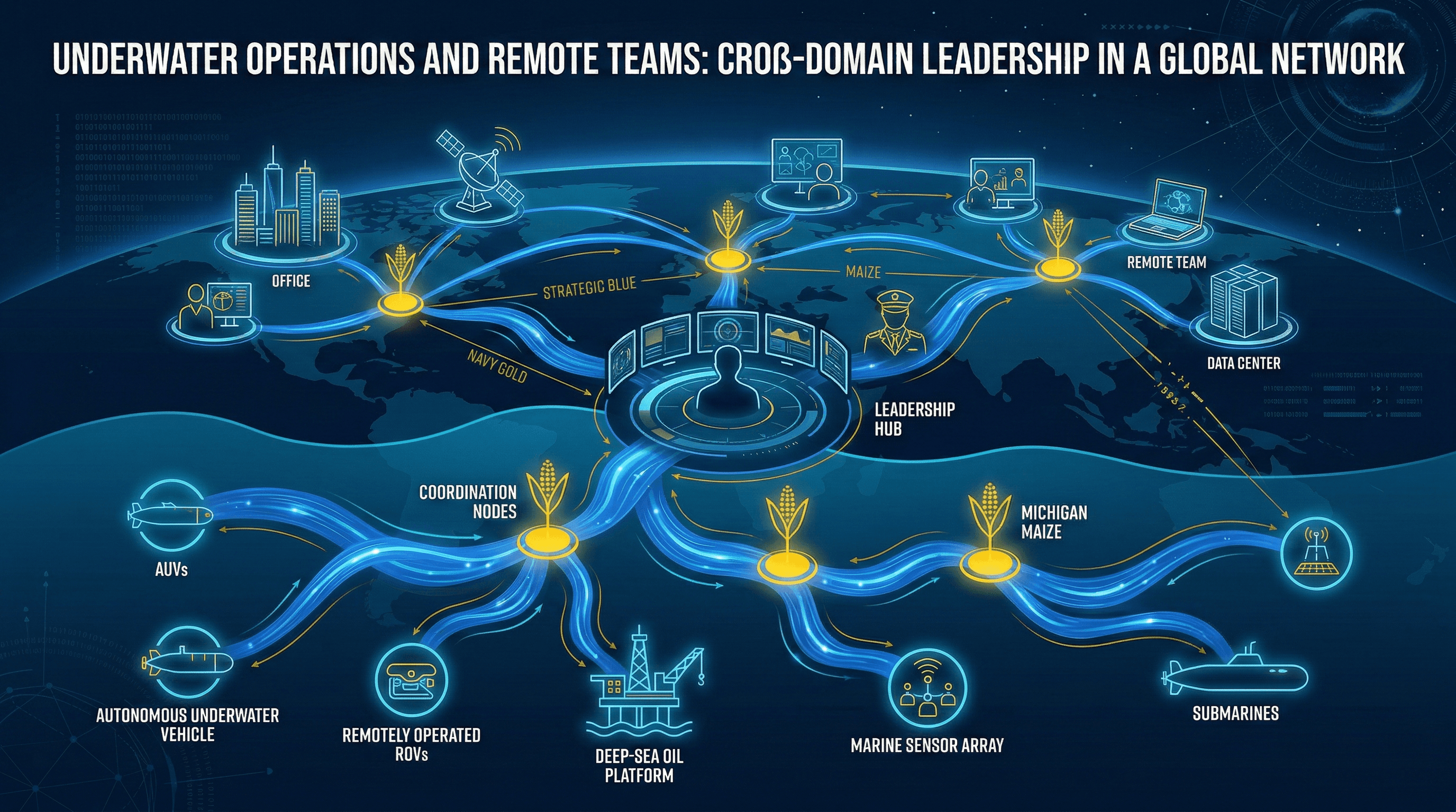 Underwater Operations Remote Teams - cross-domain leadership visualization with strategic blue and Michigan maize branding