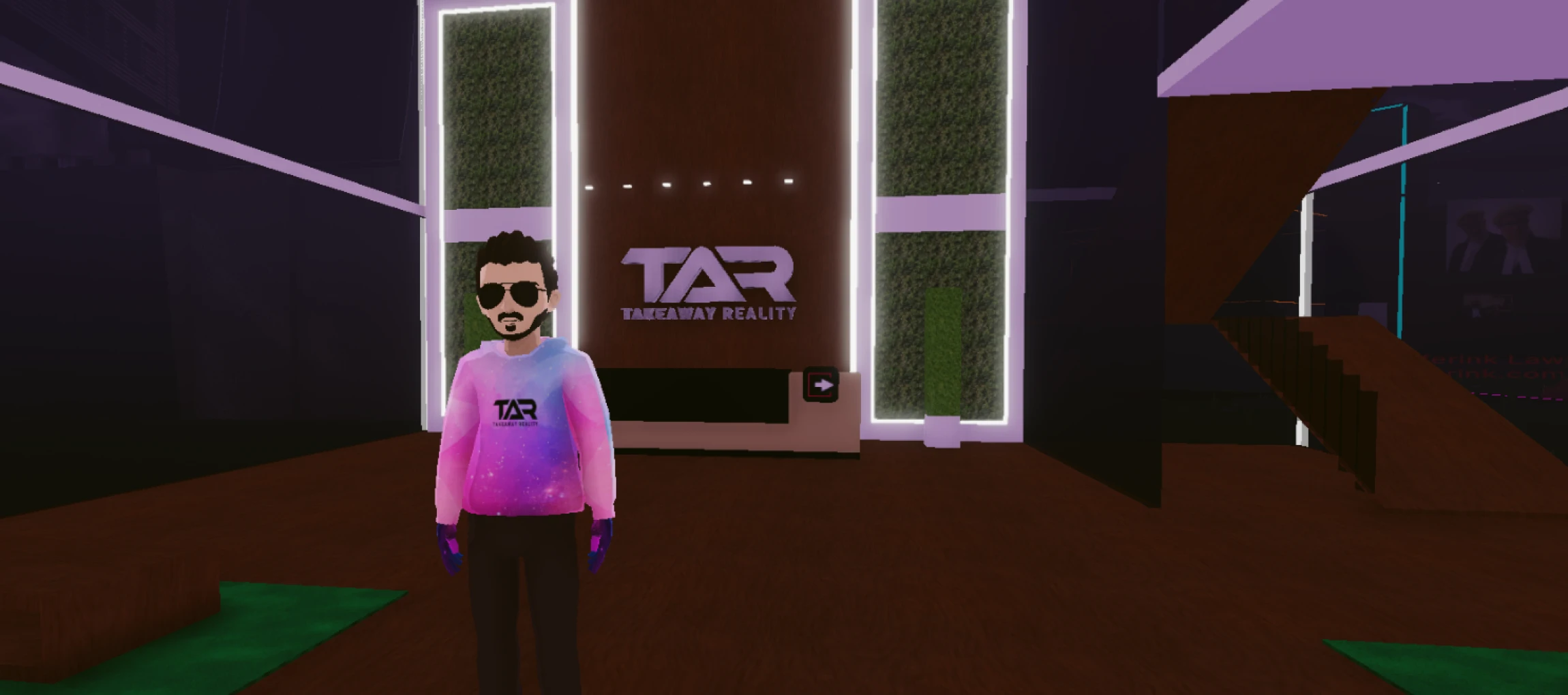 This is an image of a metaverse development project in decenraland which tar has created. It is an image of an avatar standing in a metaverse space in front of the takeaway reality (TAR) logo, we have a lot of experience in metaverse development and roblox development and this is one of the examples of our metaverse development work.