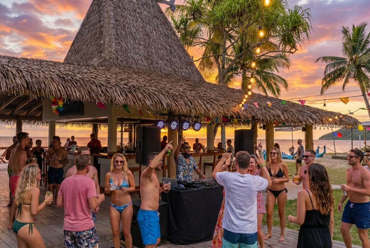 Party goers are dancing at the beach bar at Uprising Resort Fiji