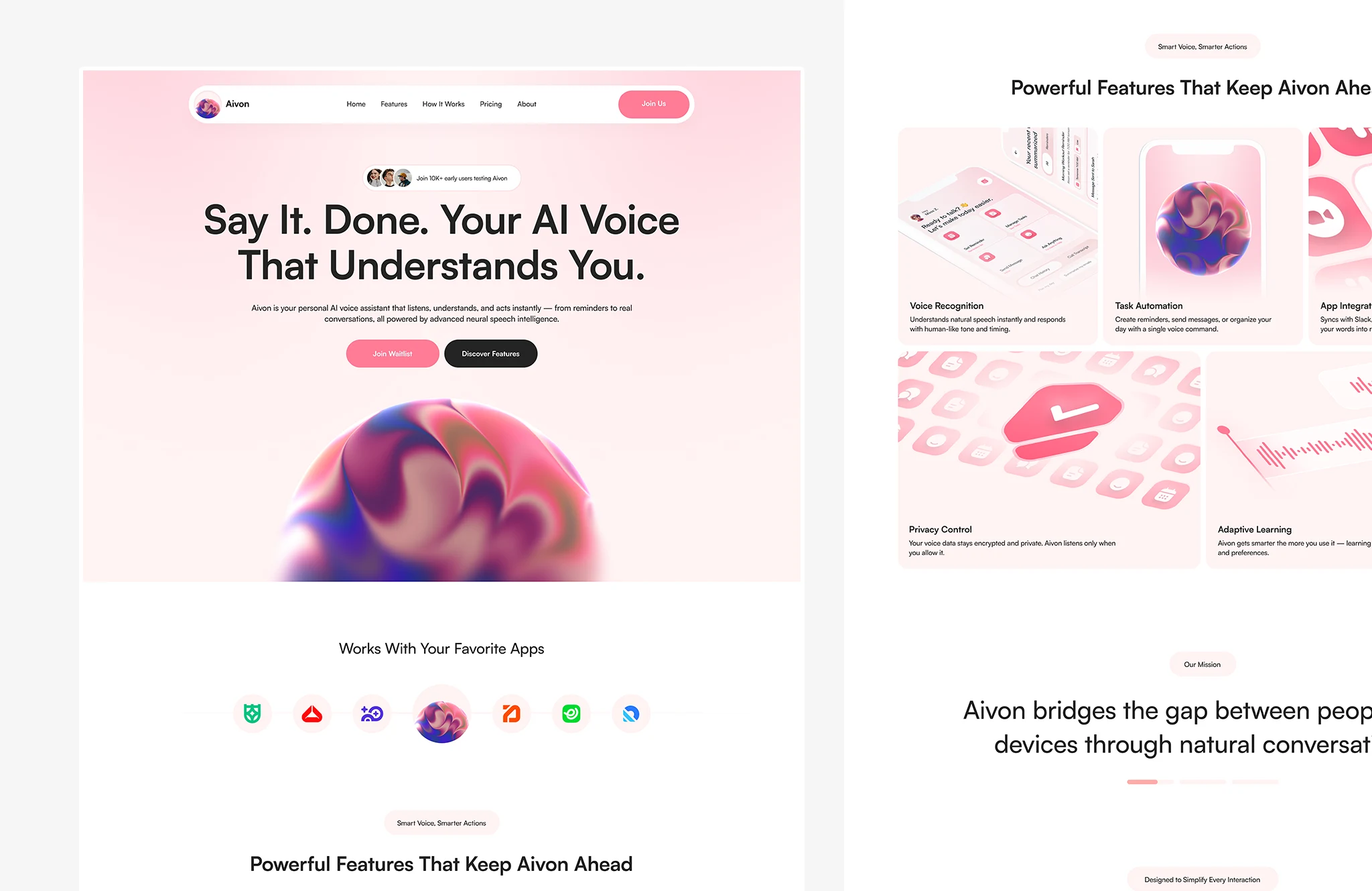 AI voice assistant landing page design showcasing modern SaaS UI, voice interaction features, and startup branding