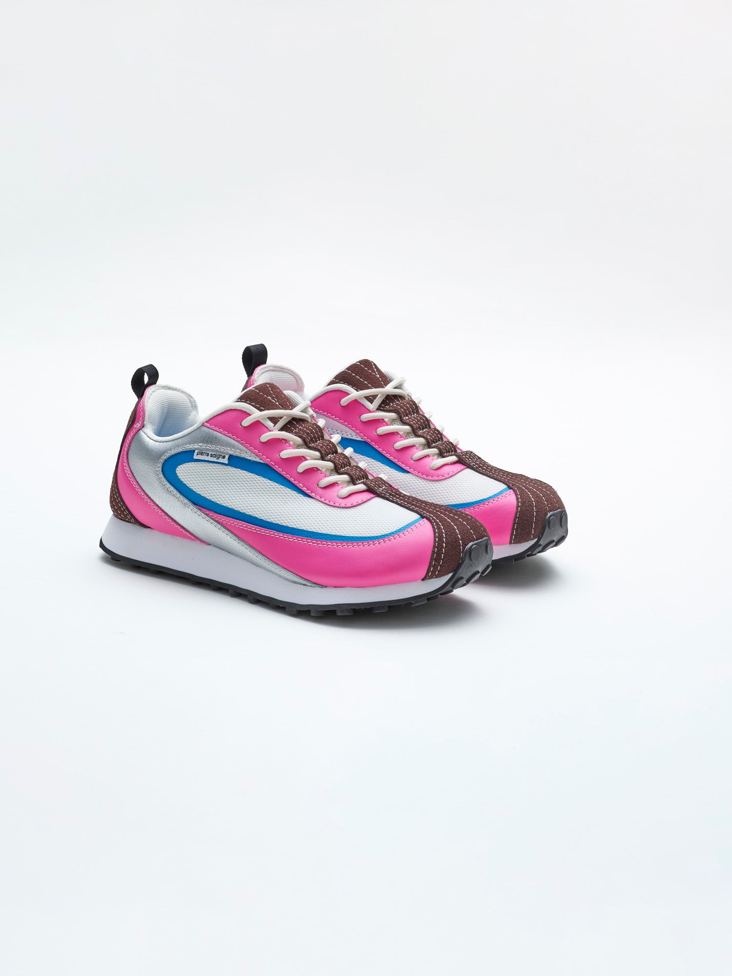 pierre saigne ps_001 sneakers, bubblegum colorway, pink, blue, silver, white and brown, three-quarter view
