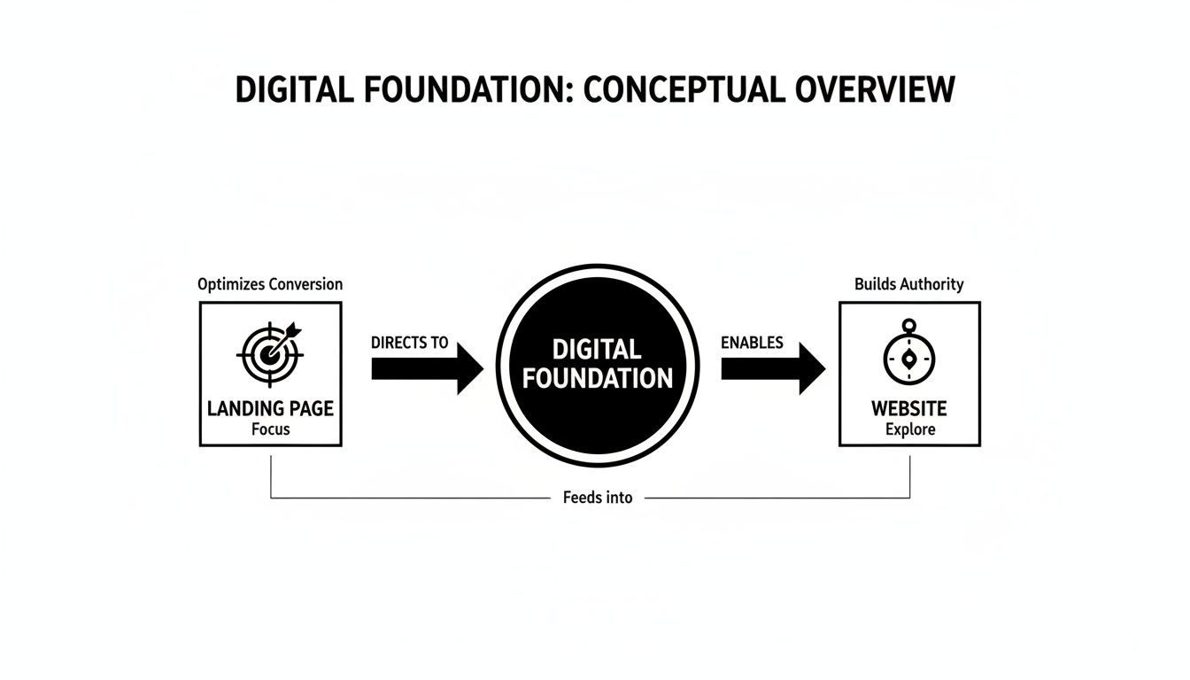 Diagram illustrating a Digital Foundation linking Landing Pages (conversion) to Websites (authority), highlighting their interconnected flow.